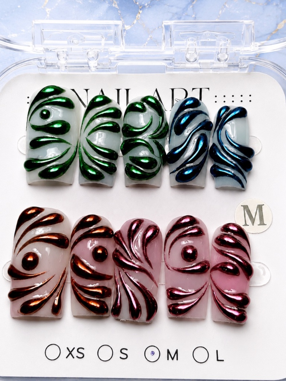 NEW Metallic Colorful Chrome Art Press On Nails | 3D Swirl |Long Square | Medium